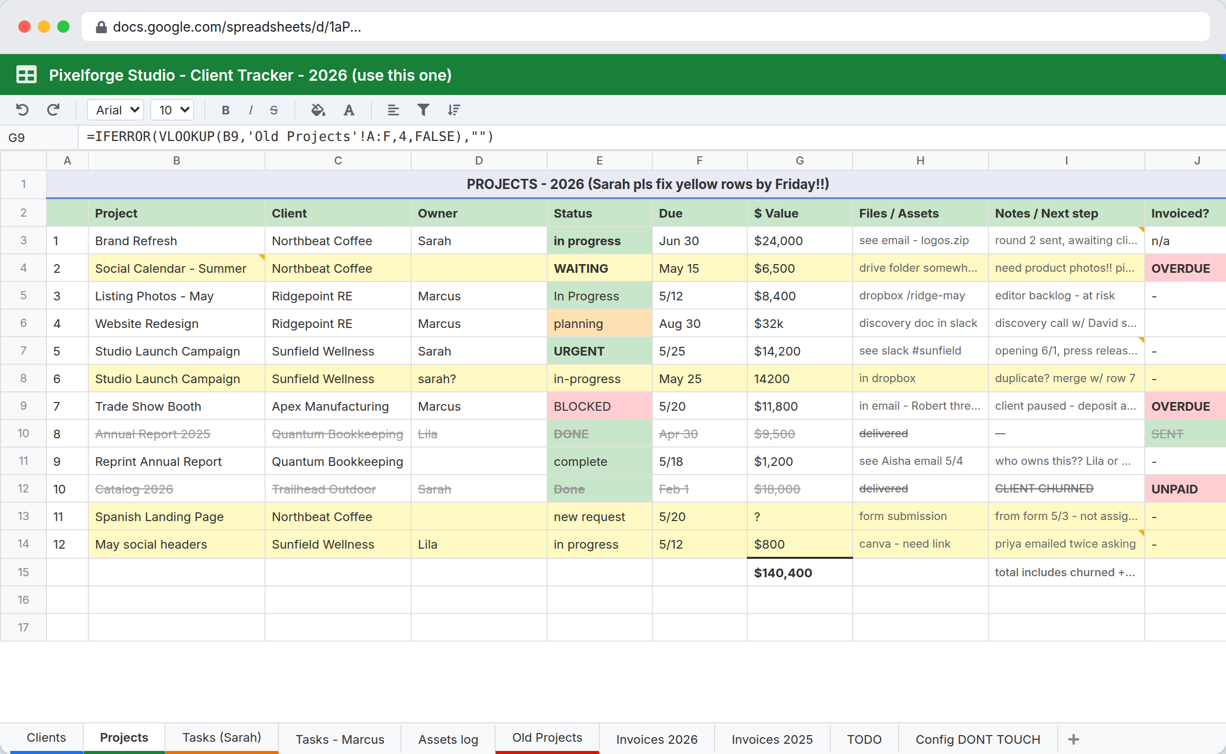 Pixelforge Studio's broken agency client tracker spreadsheet with duplicate rows, blank owners, and scattered files