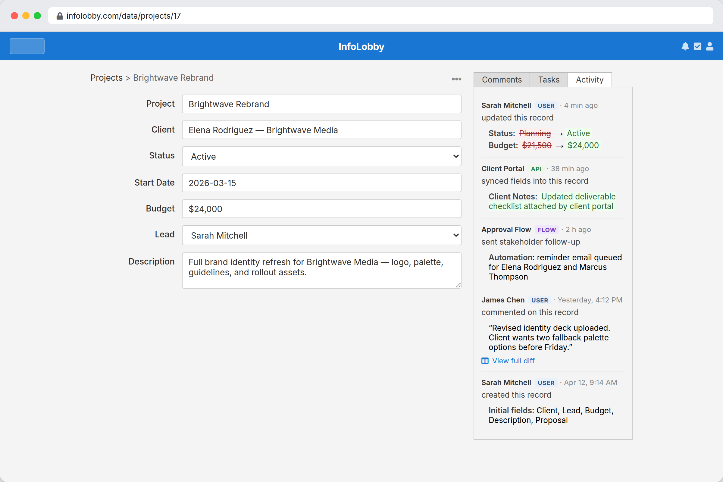 Audit-ready operations view with activity history and diffs
